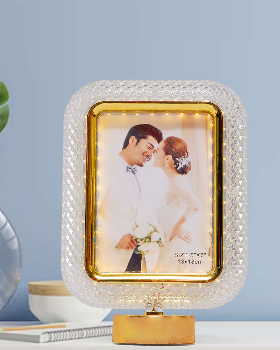 Crystal LED Rectangle Shape Photo Lamp | White and Golden