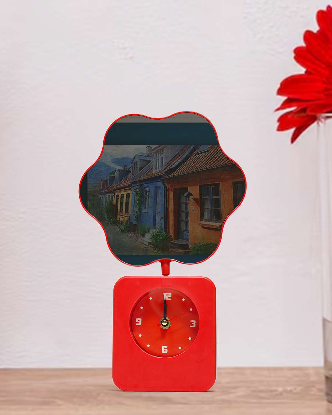 Flower Shape Magic Mirror Light Frame with Clock | Red