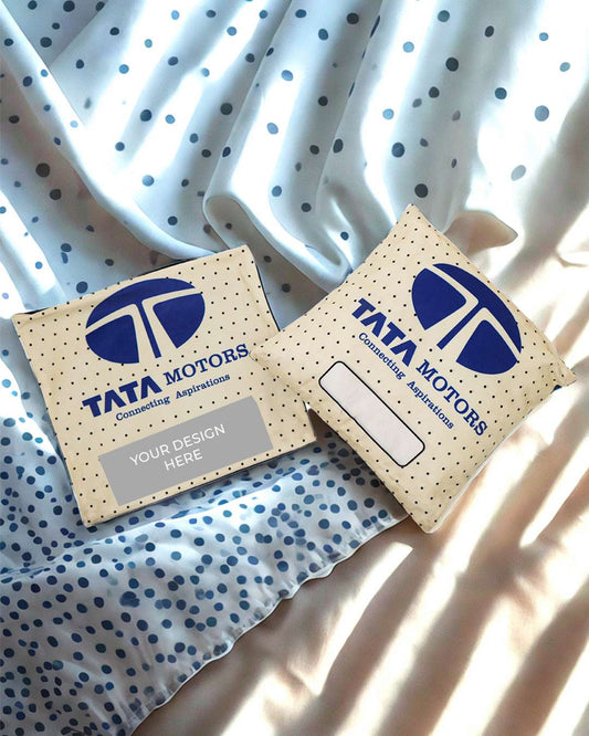 Tata Print Cushion Pillow (Pack of 2) – Personalized with your photo or text | White and Blue