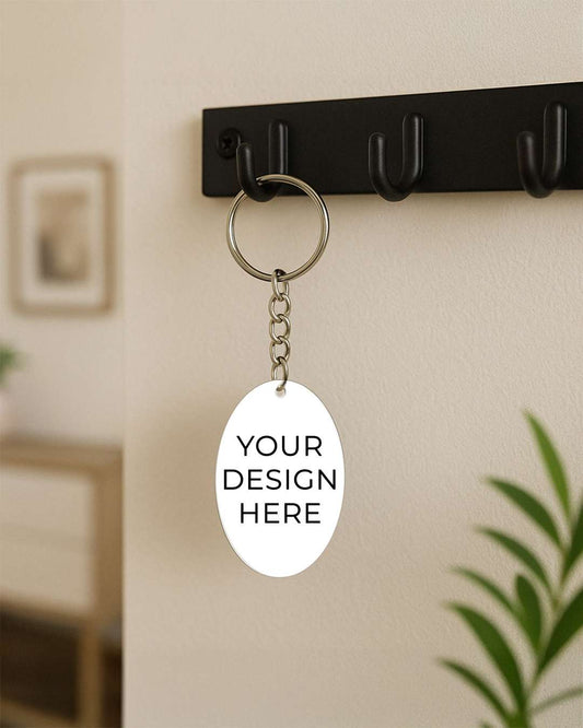 Oval Shape MDF Key Chain  | White