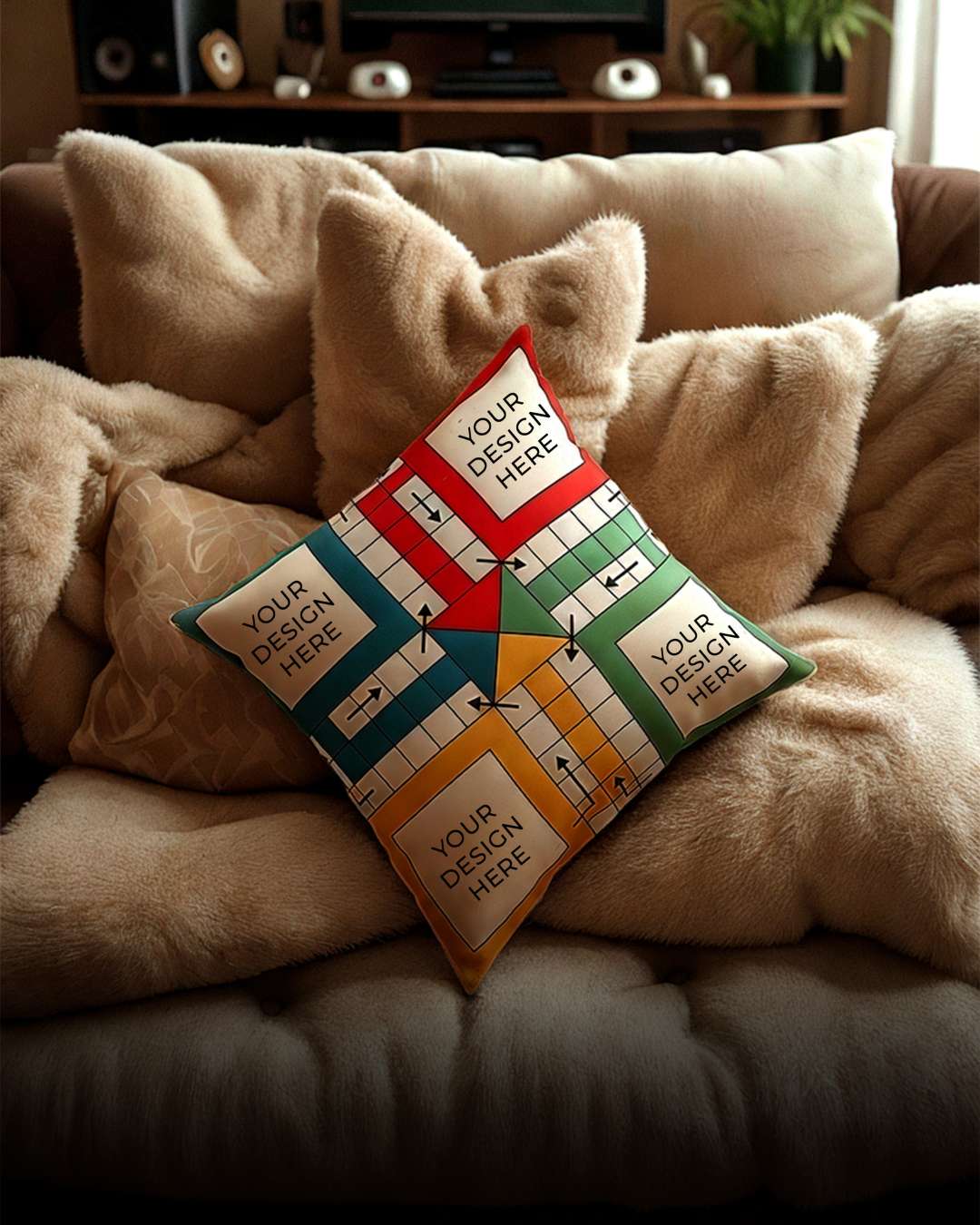 Ludo and Snake Ladder Multicolor Custom Square Cushion – Personalizer text | Multi colour