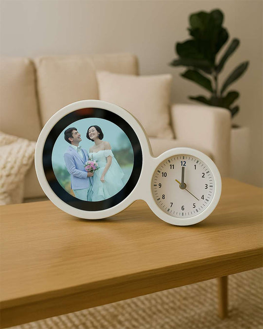 Round Magic Mirror LED Photo Frame with Clock | White