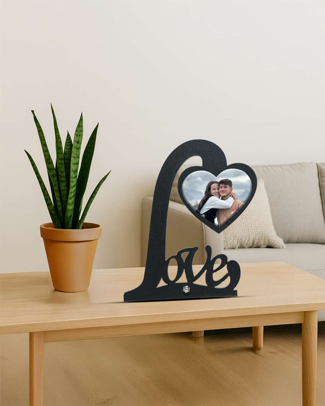 "Love with Heart" – Wooden Photo Standee    | Black Brown