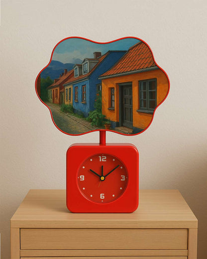 Flower Shape Magic Mirror Light Frame with Clock  | Red