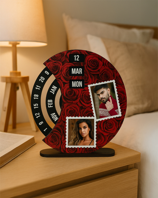 Personalized Wooden Rotating Photo Calendar | Rose Flower Print