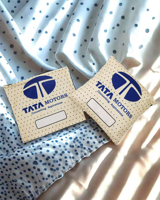 Tata Print Cushion Pillow (Pack of 2) β Personalized with your photo or text | White and Blue
