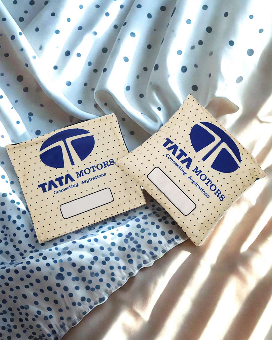 Tata Print Cushion Pillow (Pack of 2) – Personalized with your photo or text | White and Blue