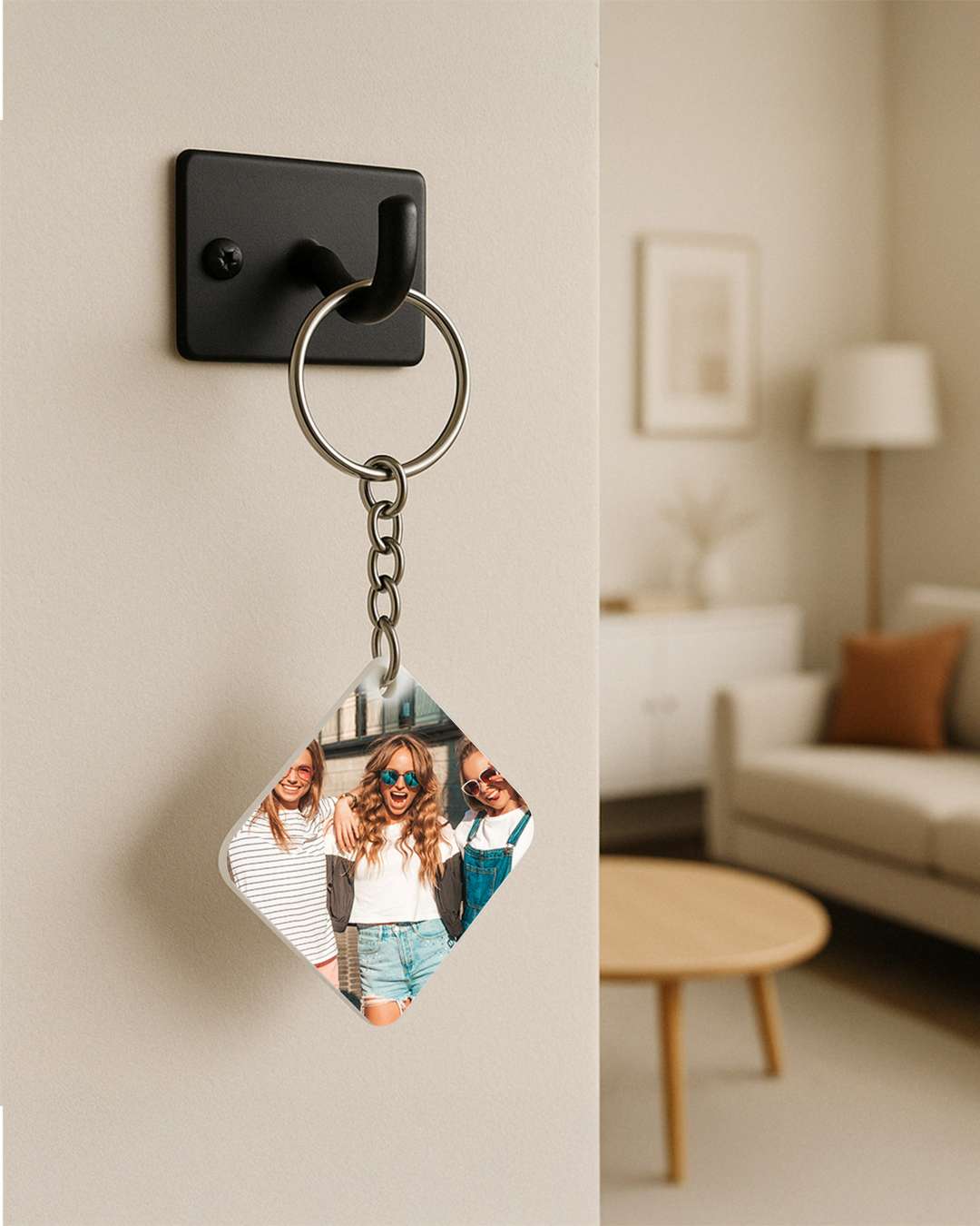 Rectangle Shape Polymer 2 side cut Key Chain  | White