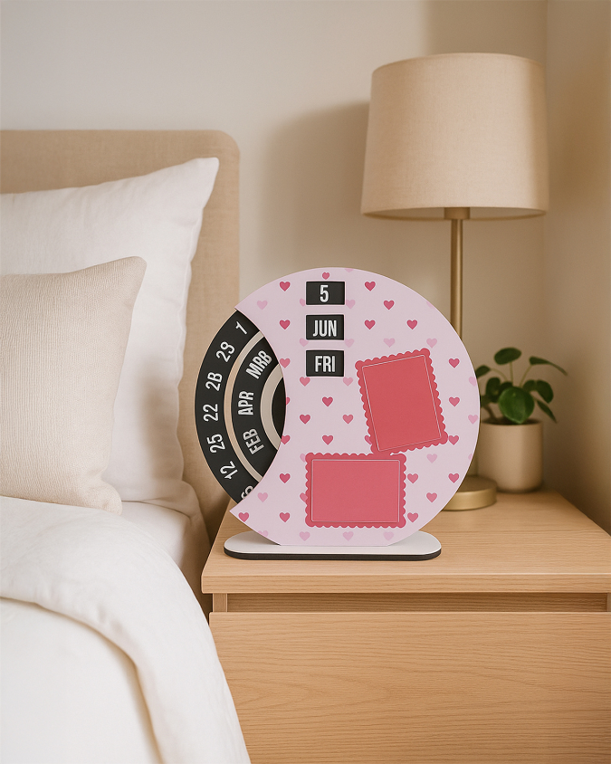 Personalized Wooden Rotating Photo Calendar | Small Heart Shape Print