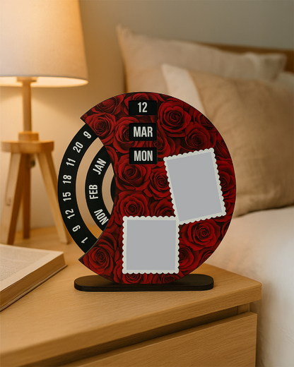 Personalized Wooden Rotating Photo Calendar | Rose Flower Print