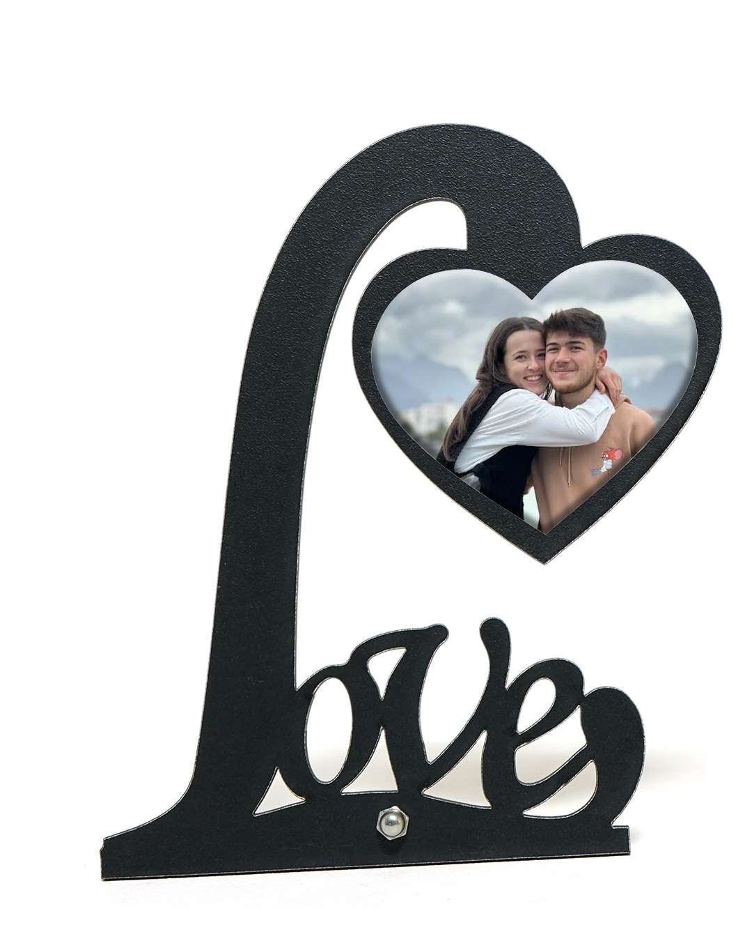 "Love with Heart" – Wooden Photo Standee    | Black Brown