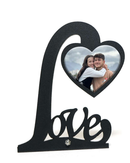 "Love with Heart" – Wooden Photo Standee    | Black Brown