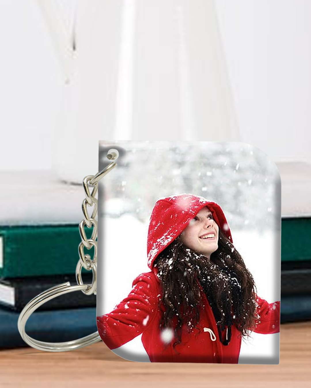 Rectangle Shape Polymer 2 side cut Key Chain  | White